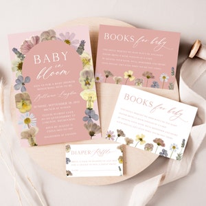 Bundel roze bloemen babyshower uitnodiging sjabloon, uitnodiging babyshower babymeisje, boeken voor babykaart, geperste bloemen | DIRECT DOWNLOADEN