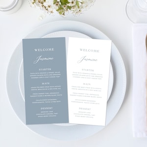 Dusty Blue Place Card Menu Template, Dusty Blue Wedding Menu, Minimalist Guest Name Menu, Name Card, Beach Wedding Menu | INSTANT DOWNLOAD