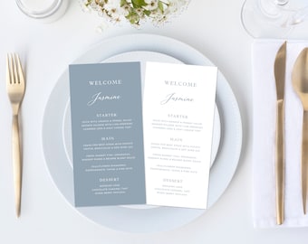 Dusty Blue Place Card Menu Template, Dusty Blue Wedding Menu, Minimalist Guest Name Menu, Name Card, Beach Wedding Menu | INSTANT DOWNLOAD
