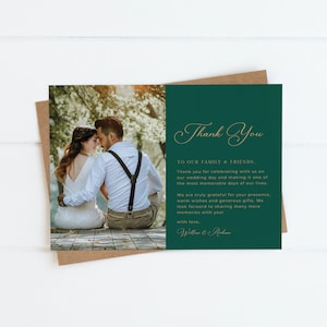 Emerald Green Thank You Photo Card Template, Emerald Wedding Thank You Card, Forest Green Thank You Card, Calligraphy | DIGITAL DOWNLOAD