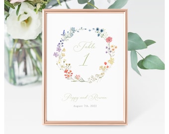 Wildflower Table Number Card Template, Garden Wedding Table Cards, Editable | INSTANT DOWNLOAD