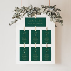 Emerald Green Seating Chart Template, Emerald Wedding Seating Cards, Forest Green Seating Plan, Modern, Calligraphy | DIGITAL DOWNLOAD