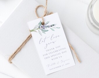 Plantilla de recuerdo de boda de lavanda, recuerdo "Deja que el amor crezca", recuerdo de agradecimiento, etiqueta para frasco, etiqueta para maceta, etiqueta para jardín, editable / DESCARGA INSTANTÁNEA