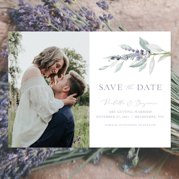 Lavender Save the Date Photo Card Template, Rustic Save the Date Card, Rustic Lavender, Lilac, Cottagecore, Printable | INSTANT DOWNLOAD