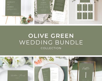 Olive Green Wedding Bundle Template, BONUS Templates, Modern Minimalist Wedding Bundle, Forest Green Wedding Bundle | INSTANT DOWNLOAD
