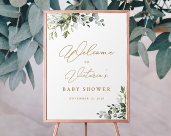 Rustic Baby Shower Welcome Sign Template, Greenery Baby Shower Welcome Sign, Printable, Editable | INSTANT DOWNLOAD