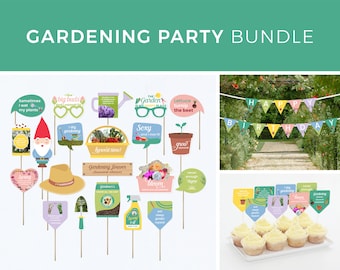 Puede incluir: Un paquete de fiesta de jardinería con decoraciones coloridas, que incluye una pancarta que dice "Feliz cumpleaños", adornos para cupcakes y accesorios para cabina de fotos con juegos de palabras sobre jardinería.