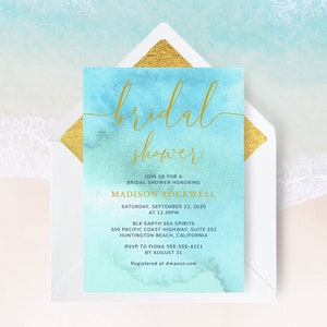 Beach Bridal Shower Invitation Template, Blue Bridal Shower Invite, Pool Party Bridal Shower, Beach Watercolor Invite | INSTANT DOWNLOAD
