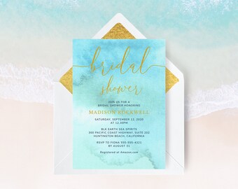 Beach Bridal Shower Invitation Template, Blue Bridal Invite, Pool Party, Ocean theme, Watercolor | INSTANT DOWNLOAD