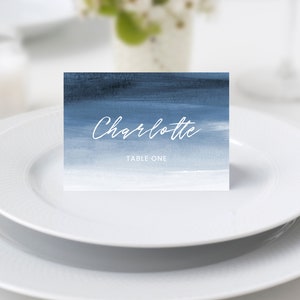 Plantillas para tarjetas de lugar en la playa, tarjetas con forma de carpa en la playa, tarjetas con nombre en tonos azules, mesas modernas para bodas en la costa, náuticas, editables / DESCARGA INSTANTÁNEA