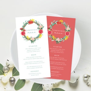 Plantilla de menú de Navidad australiano, menú de cena de Navidad australiano, flor nativa, cepillo de botella, protea, acacia, eucalipto / DESCARGA INSTANTÁNEA