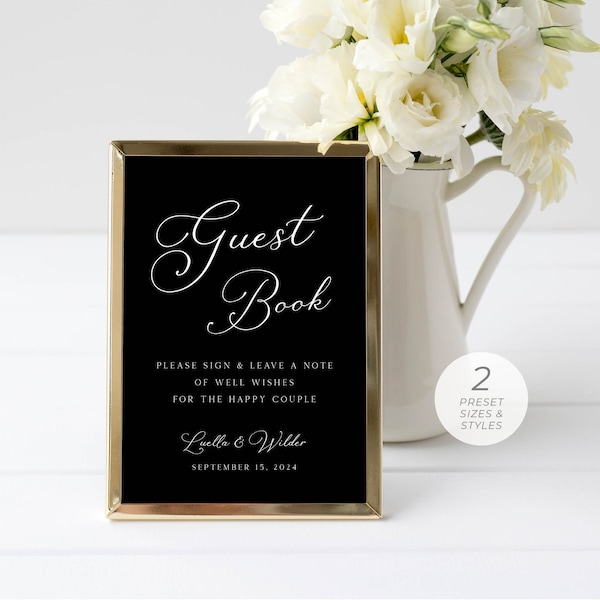 Black Wedding Guest Book Sign Template, Black and White Wedding GuestBook Sign, Minimalist, Modern, Calligraphy  | INSTANT DOWNLOAD