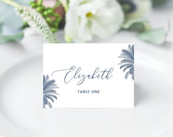 Beach Place Cards, Hamptons Place Cards Template, Beach Wedding Place Cards, Name Cards, Tent Cards, Blue, Palm Tree | INSTANT DOWNLOAD