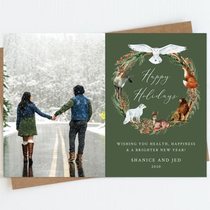 Plantilla de tarjeta fotográfica de Navidad de animales del bosque, tarjeta de Navidad de pareja, tarjeta de Navidad rústica, tarjeta de Navidad familiar / DESCARGA INSTANTÁNEA