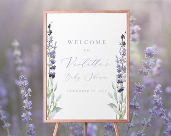Lavender Baby Shower Welcome Sign Template, Purple Baby Shower Sign, Rustic, Cottagecore, Editable | INSTANT DOWNLOAD