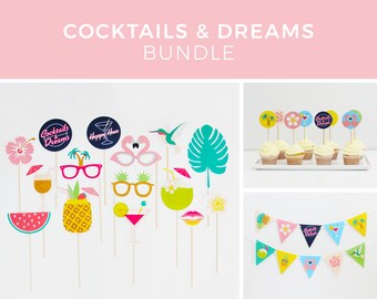 Tropische feestdecoraties, cocktails en dromen, Hawaiiaanse luau-feestdecoraties, tropische toppers, feest afdrukbaar | DIRECT DOWNLOADEN