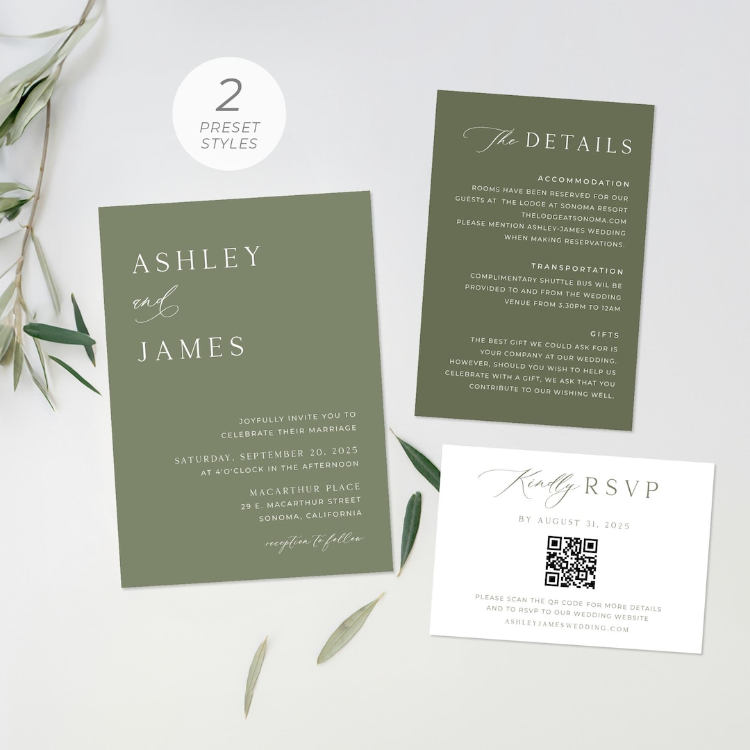 Olive Green Wedding Invitation Template, Minimalist Wedding Invitation