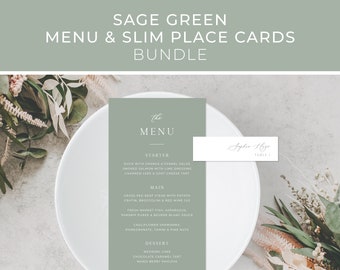 Sage Green Menu, Slim Place Cards Bundle Template, Minimalist Wedding Menu, Modern Wedding Menu, Skinny Name Cards | INSTANT DOWNLOAD