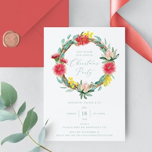 Australian Christmas Party Invitation Template, Aussie Christmas, End of Year Party Invites, Bottle Brush, Wattle, Protea | INSTANT DOWNLOAD