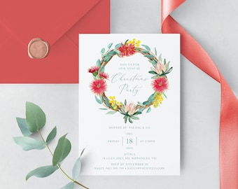Australian Christmas Party Invitation Template, Aussie Christmas, End of Year Party Invites, Bottle Brush, Wattle, Protea | INSTANT DOWNLOAD