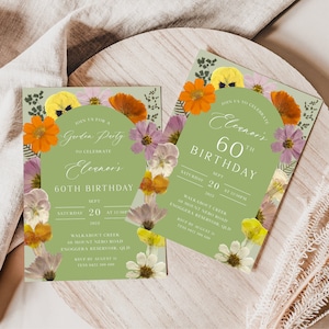 May include: A green invitation with a floral design featuring pressed flowers. The invitation is for Eleanor's 60th birthday party. The text reads "Join us to celebrate Eleanor's 60th Birthday" and includes the date, time, and location of the party.