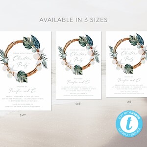May include: Three printable Christmas party invitations with a watercolor wreath design featuring seashells, starfish, and palm leaves. The invitations are available in three sizes: 5x7 inches, 4x6 inches, and A6.