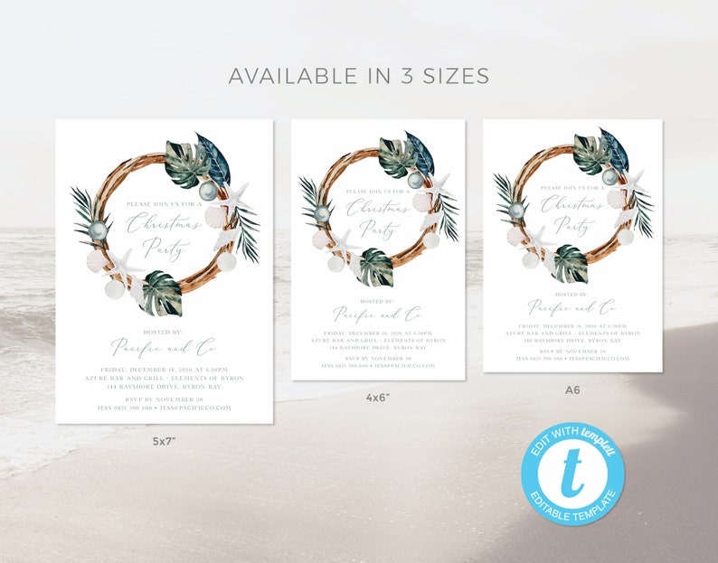 May include: Three printable Christmas party invitations with a watercolor wreath design featuring seashells, starfish, and palm leaves. The invitations are available in three sizes: 5x7 inches, 4x6 inches, and A6.