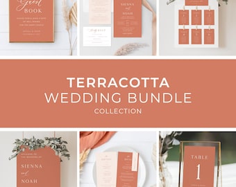 May include: A collection of terracotta-colored wedding stationery, including a guest book, invitation cards, table number cards, and a seating chart. The text "Sienna and Noah" is featured on several items. The overall theme is a rustic, elegant wedding.