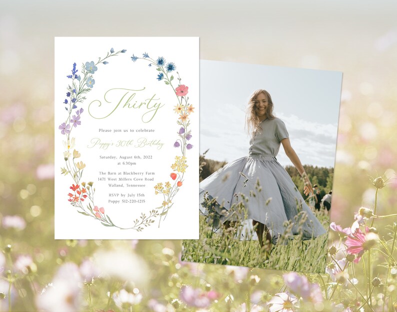 Wildflower Birthday Invitation Template, Garden Party Invite, 30th Birthday Invitation, Cottagecore, High Tea Party | INSTANT DOWNLOAD image 1