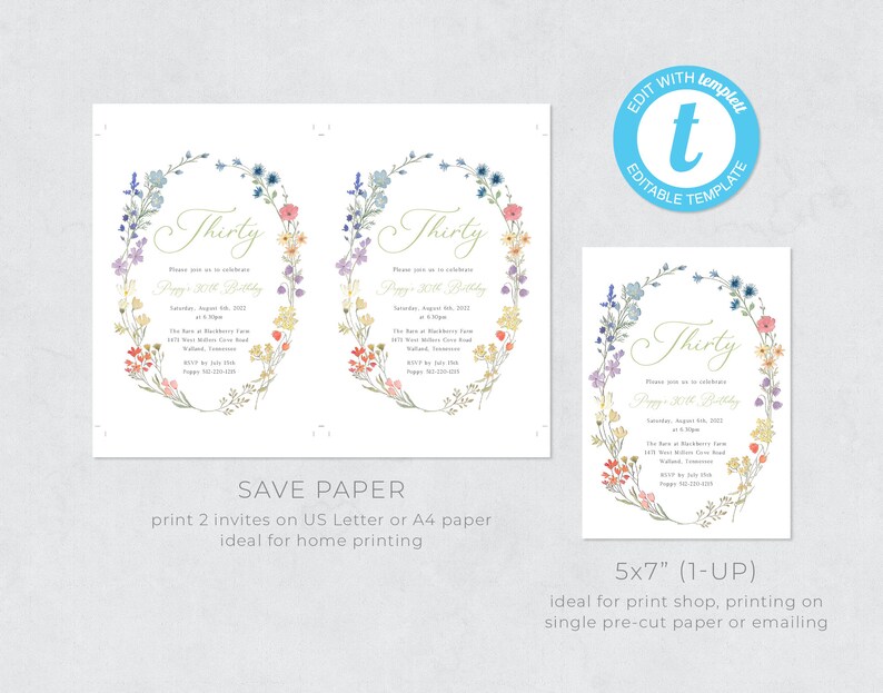 Wildflower Birthday Invitation Template, Garden Party Invite, 30th Birthday Invitation, Cottagecore, High Tea Party | INSTANT DOWNLOAD image 4