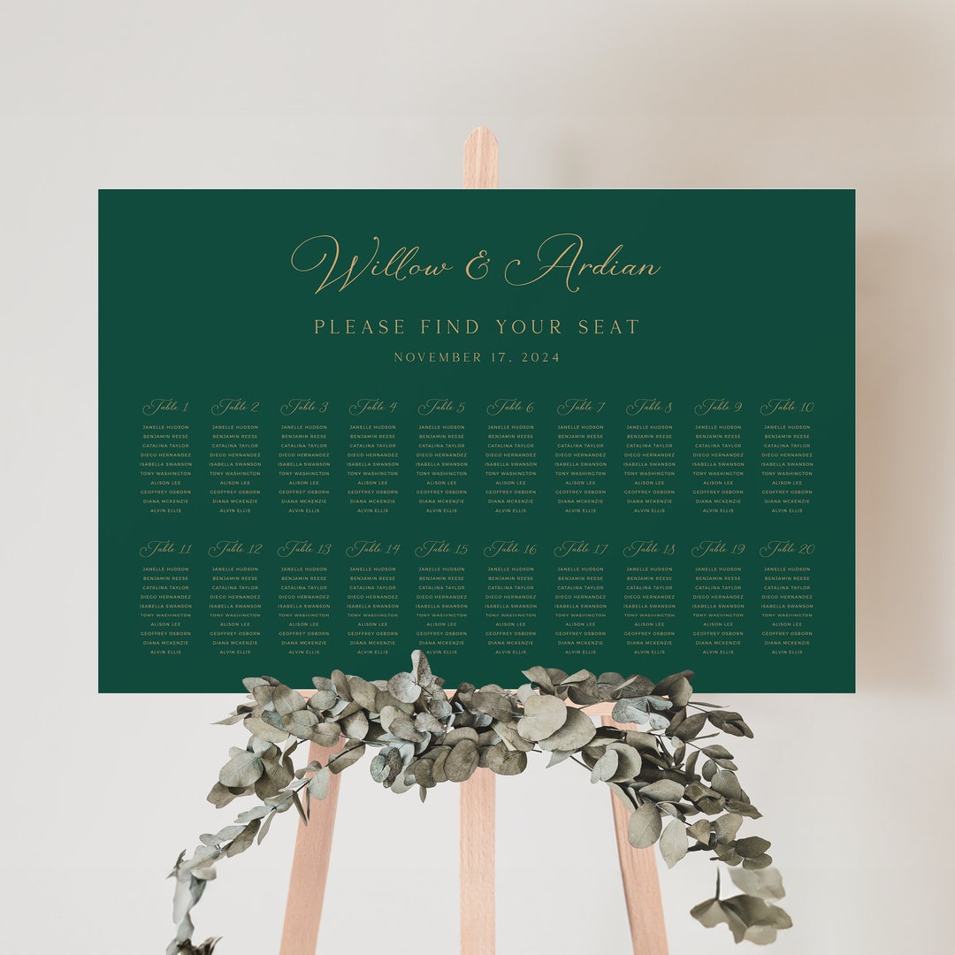 Emerald Green Seating Chart Template, Emerald Wedding Seating Plan