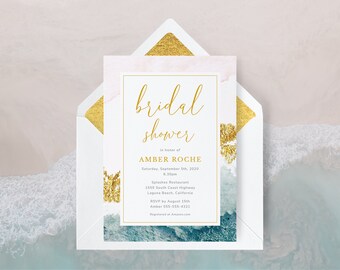 Beach Bridal Shower Party Invitation Template, Bridal Shower Invitation, Coastal, Ocean, Watercolor, Editable, Printable | INSTANT DOWNLOAD