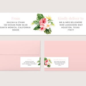 May include: A pink envelope with a floral design and text that reads "From: KALEAH & ETHAN 122 OCEAN PARK BLVD SANTA MONICA, CALIFORNIA 90405" and "Kindly deliver to: MR & MRS BELLEMORE 1600 LAKESHORE WAY HOUSTON, TEXAS 77077".