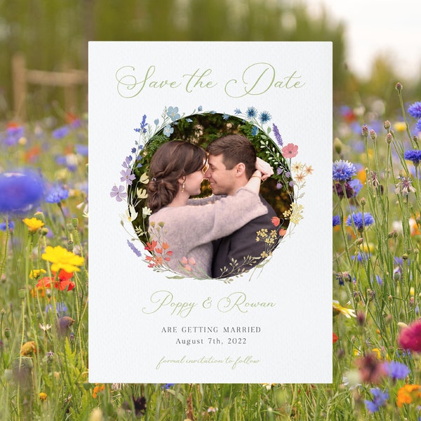 Wildflower Save the Date Card Template, Wedding Photo Card, Wildflower Wedding, Country, Garden  | INSTANT DOWNLOAD