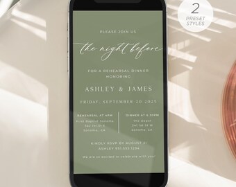 May include: A green and white mobile phone screen displaying a wedding rehearsal dinner invitation for Ashley and James. The invitation includes the date, time, and location of the rehearsal dinner and the dinner. The text reads "Please join us the night before for a rehearsal dinner honoring Ashley & James Friday, September 20, 2025. Rehearsal at 4pm First Baptist Sonoma 542 1st St E Sonoma, CA Dinner at 6:30pm The Depot 241 1st St W Sonoma, CA Kindly RSVP by August 31 Ashley 951.555.1234 We are so excited to celebrate with you!"