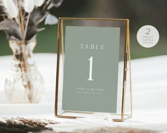 Sage Green Table Number Card Template, Minimalist Table Number Cards, Modern Table Number, Rustic Table Sign, Editable  | INSTANT DOWNLOAD