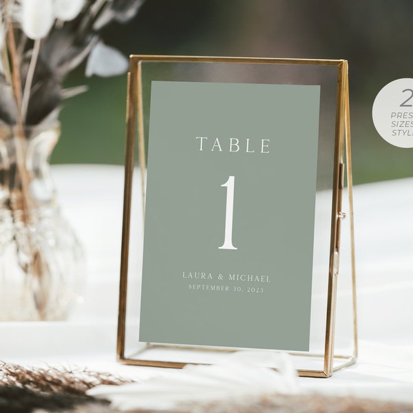 Sage Green Table Number Card Template, Minimalist Table Number Cards, Modern Table Number, Rustic Table Sign, Editable  | INSTANT DOWNLOAD