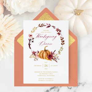Thanksgiving Invitation Template, Thanksgiving Dinner Party Invite, Pumpkin, Fall, Friendsgiving Invitation, Editable | INSTANT DOWNLOAD
