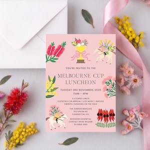 May include: A rectangular invitation card with a light pink background featuring illustrations of a yellow trophy, a horse with a rider, and various colorful flowers. The text reads: YOU'RE INVITED TO THE MELBOURNE CUP LUNCHEON, TUESDAY 3RD NOVEMBER, 2026, 11AM - 4PM, 3 COURSE LUNCH, COCKTAILS ON ARRIVAL, LIVE MUSIC, RAFFLES, SWEEPS, FASHIONS ON THE FIELD, THE GARDEN MARQUEE, 512 EPSOM RD, FLEMINGTON, VIC, BOOKINGS ESSENTIAL, CONTACT ROSE WILSON, 03 9920 1890.