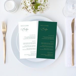 Smaragdgroen bruiloftsmenusjabloon, smaragdgroene plaatskaarten, bosgroen menu, menu met plaatskaartje, menu met naamkaartje, | DIRECT DOWNLOADEN
