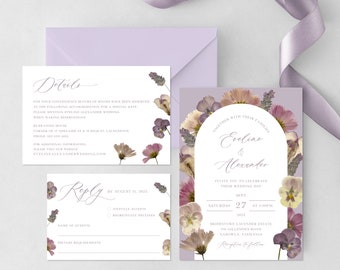 Plantilla de invitación de boda con flores de lavanda: Diseño de flores prensadas (descarga instantánea)