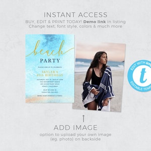 Pu&ograve; includere: Modello di invito per una festa in spiaggia, modificabile. L'invito presenta uno sfondo acquerellato blu e oro con il testo "beach party" in scrittura dorata. Il testo include i dettagli della festa, tra cui la data, l'ora, il luogo e le informazioni di RSVP.