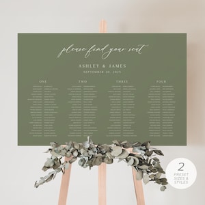 May include: A green wedding seating chart with the text "please find your seat" and "Ashley & James" with the date "September 20, 2025". The chart is divided into four columns labeled "One", "Two", "Three", and "Four".