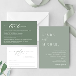Modelo de pacote de convite de casamento verde-sálvia, convite de casamento minimalista, cartão de RSVP, cartão de detalhes, BÔNUS Wishing Well | DOWNLOAD INSTANTÂNEO