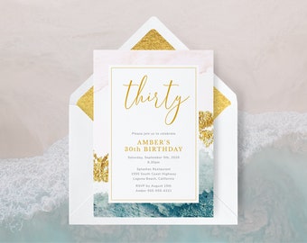 Beach Birthday Invitation Template, Beach Party Invitation, 30th Birthday Invitation, 30th Invite, Beach 30th Invite | INSTANT DOWNLOAD