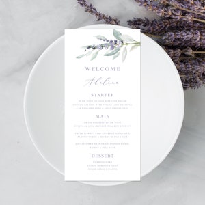 Lavendel Tischkarte Menüvorlage, Lavendel Hochzeitsmenü, Gast Namensmenü, Menü mit Namenskarte, Lila Hochzeitsmenü | SOFORTIGER DOWNLOAD