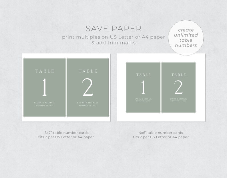May include: Two sets of printable table number cards. The cards are 5x7 inches and 4x6 inches. The cards are a light green color with white text. The text says "Table 1" and "Table 2".