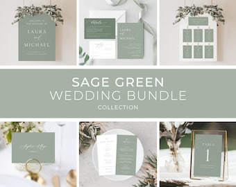 Può includere: Set di cancelleria per matrimoni verde salvia con vari modelli stampabili, tra cui un cartello di benvenuto, numeri di tavolo, menu e piano di posti a sedere. Il design presenta un'estetica minimalista con un carattere di scrittura a mano.