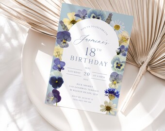 Blue Floral Birthday Invitation Template,  18th Birthday Invite, Dusty Blue Invite, Pressed Flower, Wildflower Invitation | INSTANT DOWNLOAD