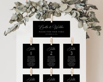 Elegant Black Seating Chart Template, Black and White Wedding Seating Cards, Minimalist Seating Plan, Modern, Calligraphy | DIGITAL DOWNLOAD
